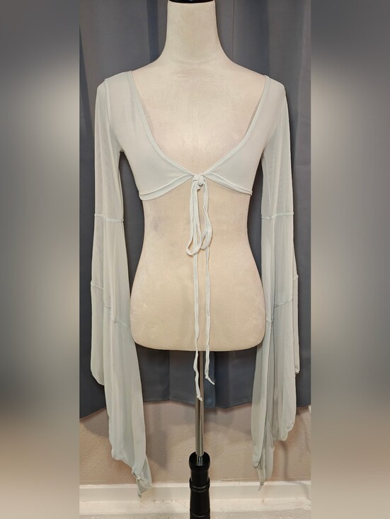 Darker Wavs Tops - Darker Wavs Sheer Tie Front Festival Crop Top w Dramatic Fairy Bell Sleeves.